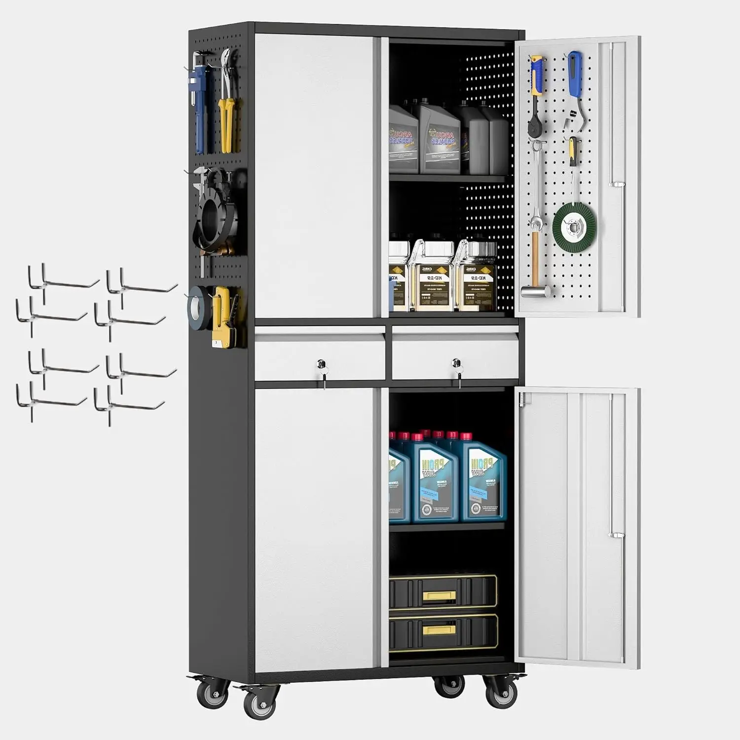 

Garage Storage Cabinet with Wheels and Doors,71' H Metal Storage Cabinet with Pegboard and 2 Drawers