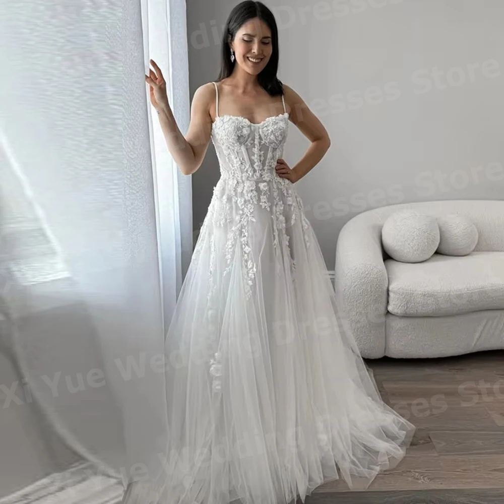 

Exquisite A Line Women's Lace Appliques Wedding Dresses Vestido De Novia Spaghetti Straps Bride Gowns Customized Robe De Mariée