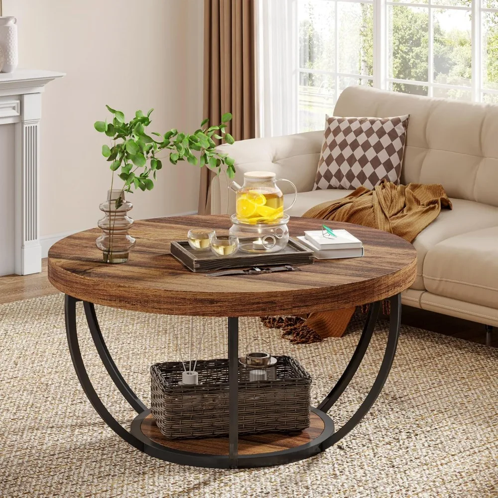 Round Coffee Table, Industrial 2-Tier Circle Coffee Table with Storage Shelves, Modern 31.7