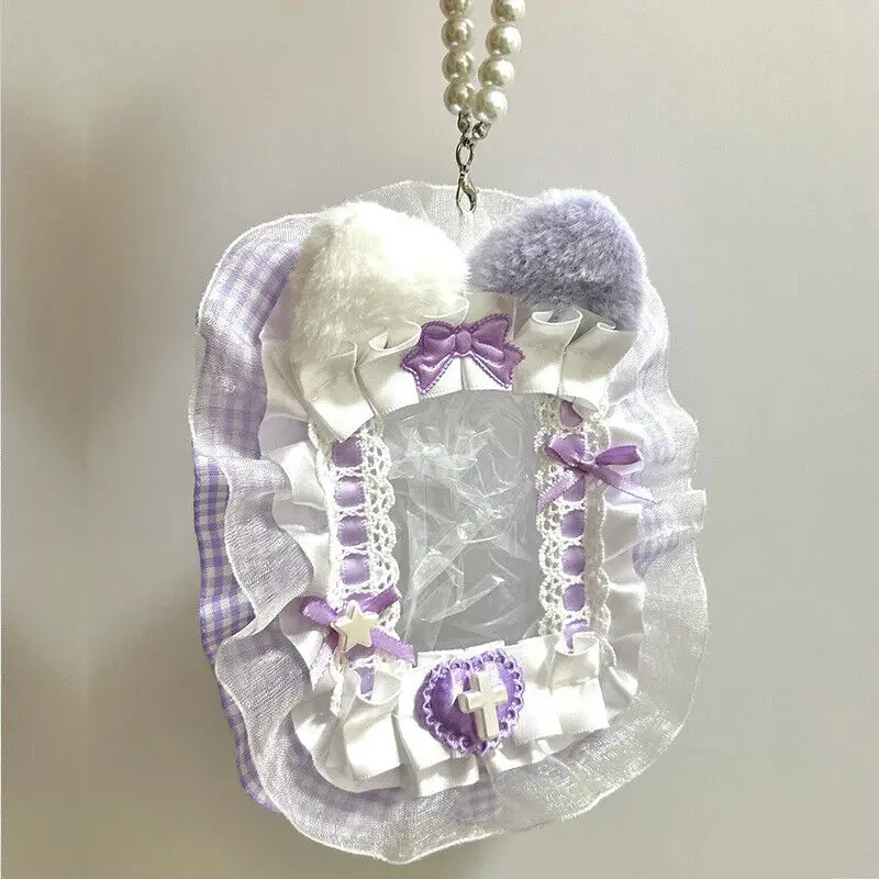 Fluffy Lace Card Holder with Pearl Chain Ruffled Edge Bowknot Bus Card Sleeve Id Bank Credit Card Holder Protector Stationery