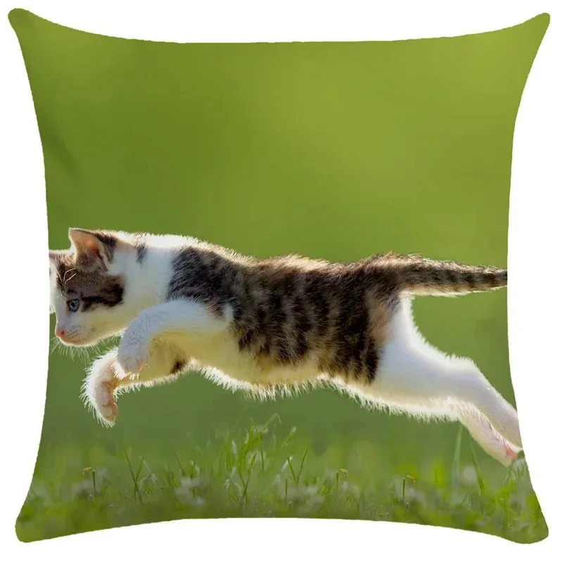 Peach Skin Cute Cat Pillow Case 2D Flat Printed Jumping Animal Cushion Cover For Couch Bed Living Room Greenery Home Decoration