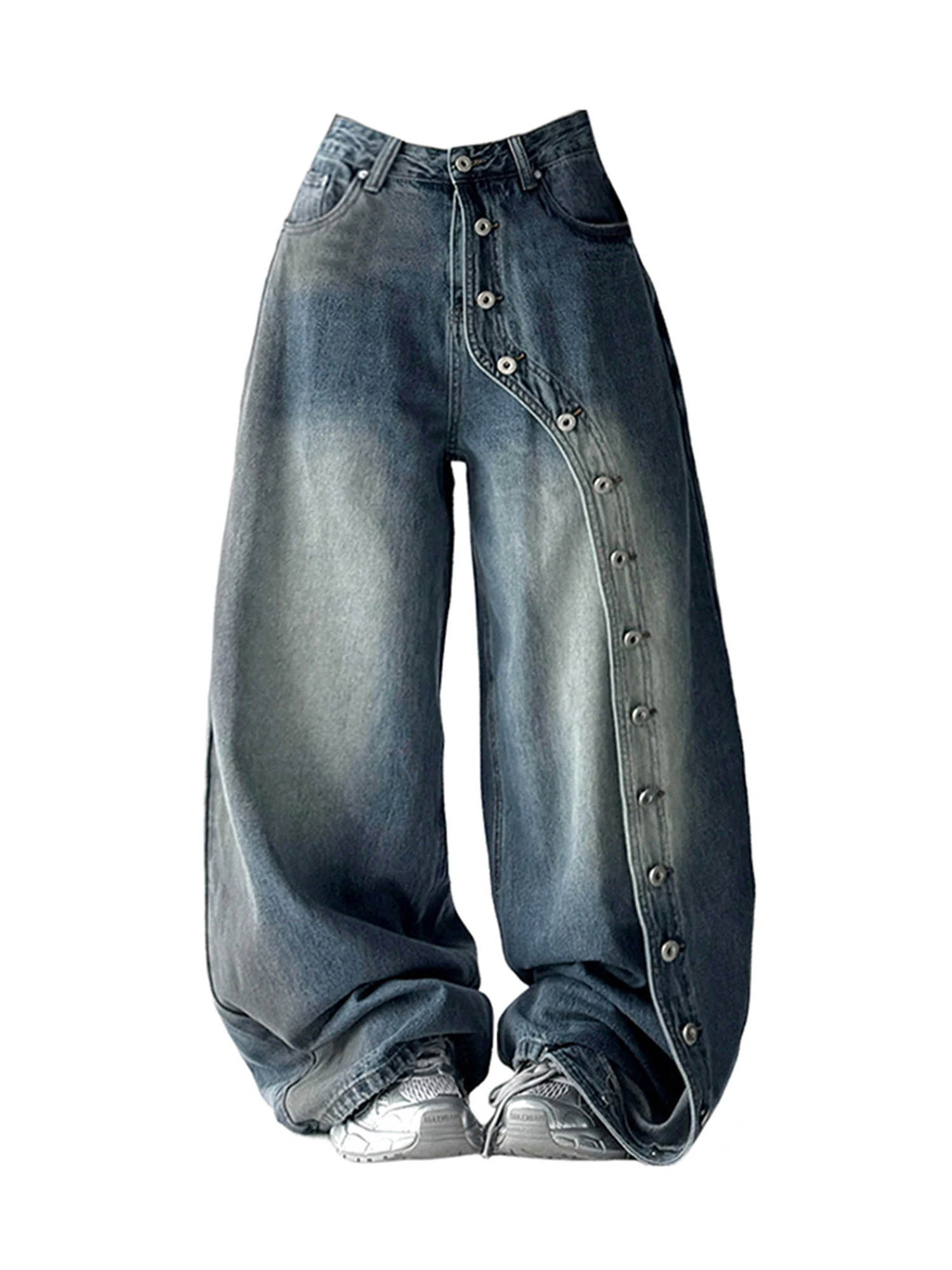 

Women's Blue Y2k Wash Button Jeans Harajuku Vintage Baggy Wide Denim Trousers Japanese 2000s Style Oversize Jeans Pants Clothes