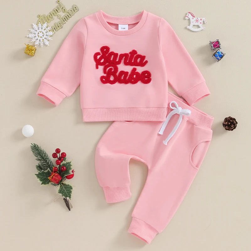 

Toddler Girls Christmas Pants Sets Long Sleeve Letter Embroidery Sweatshirt Pink Drawstring Pants Sets