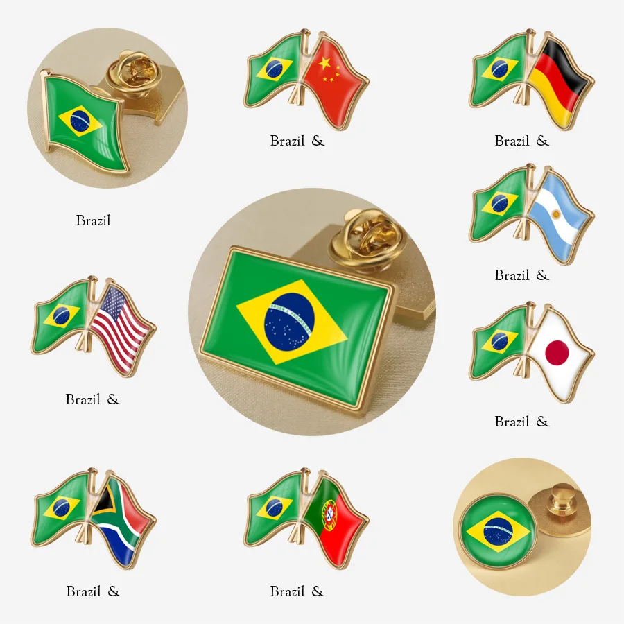 Alfileres de solapa de bandera de Brasil y China Estados Unidos Argentina Alemania Japón Sudáfrica Portugal bandera nacional broche cruzado insignias