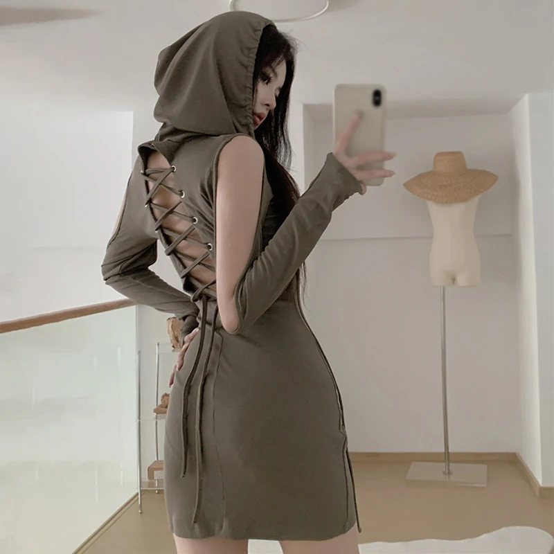 Summer Hooded Dresses Y2k Punk Hollow Out Mini Dress Women Sexy Streetwear Party Elegant Dresses