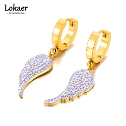 Lokaer White Clay Crystal Angel Wings Hoop Earrings For Women Trendy Stainless Steel Rhinestone Earrings Серьги Женские E23030