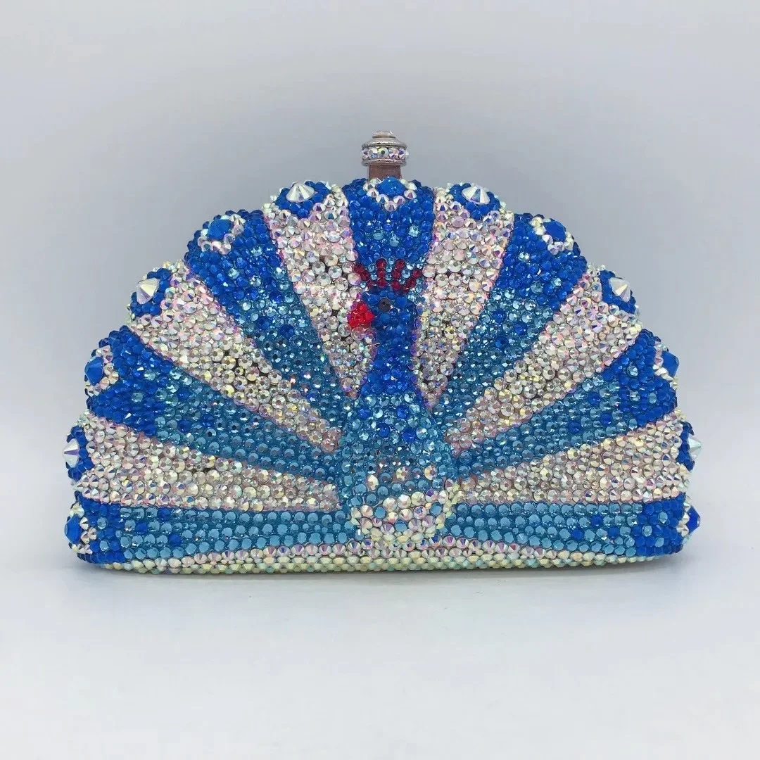 

New Fashion XIYUAN AB Crystal Full Diamond Evening Clutch Purse Luxury Blue Rhinestone Gemstone Peacock Chain Shoulder Handbags