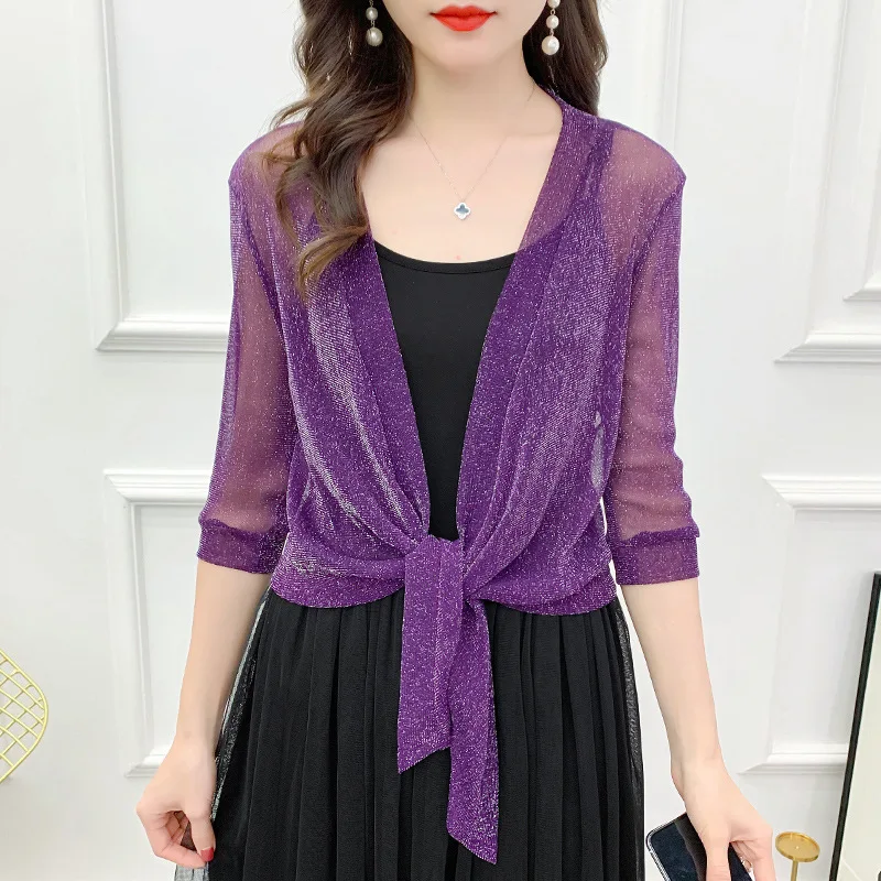 Women Summer Cardigan Sexy Thin Sunscreen Short Lace Jacket Fashion Bright Silk Half Sleeve Coat Femal Lace Up Solid Shawl Tops