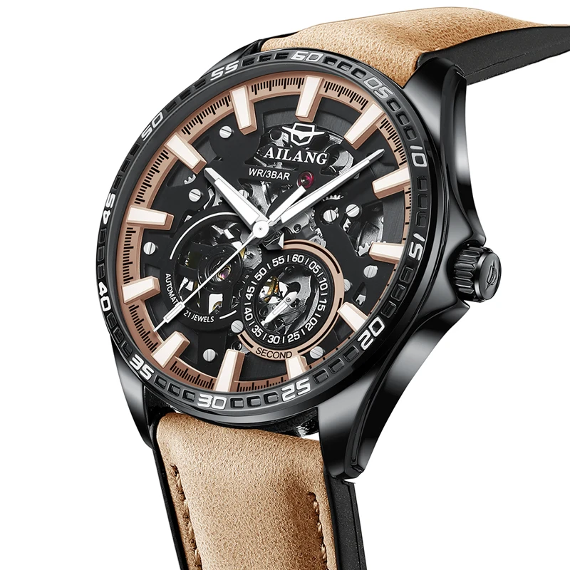 

Мужские механические часы AILANG, лучший бренд, часы с двойной секундной стрелкой, коричневый кожаный ремешок, водонепроницаемые автоматические часы для мужчин