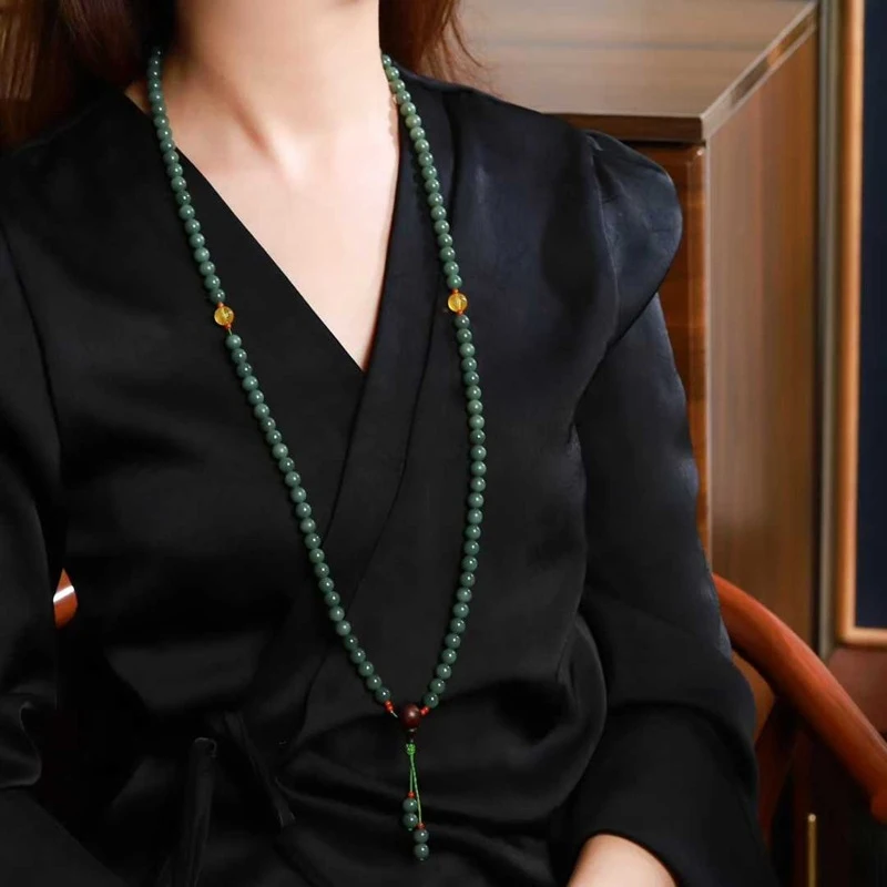 Natural Hotan Russian Material Old Jade Sandalwood Green 108 Bead Chain Necklace
