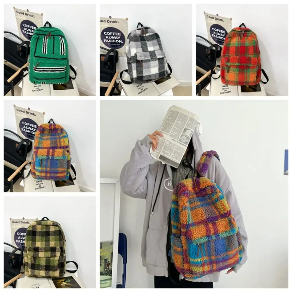 

Korean Style Colorful Plaid Backpack Strip Large Capacity Lamb Fleece Backpack Geometric Preppy Trendy Shoulder Bag Students