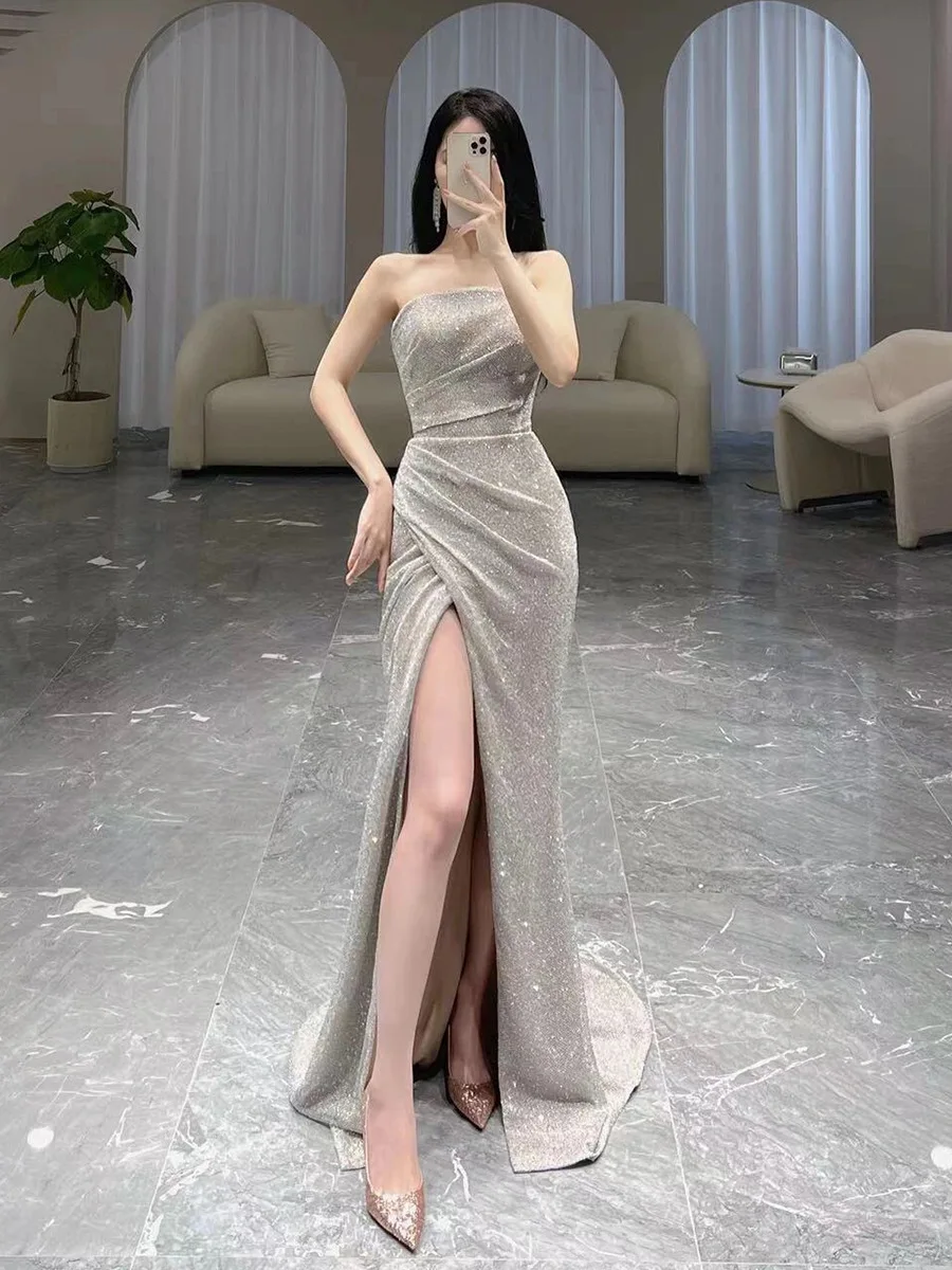 Silver Shinny Sexy Celebrity Dress Strapless Sleeveless Sequin Mermaid Floor Length A Line Slim Women Evening Party Prom Gowns