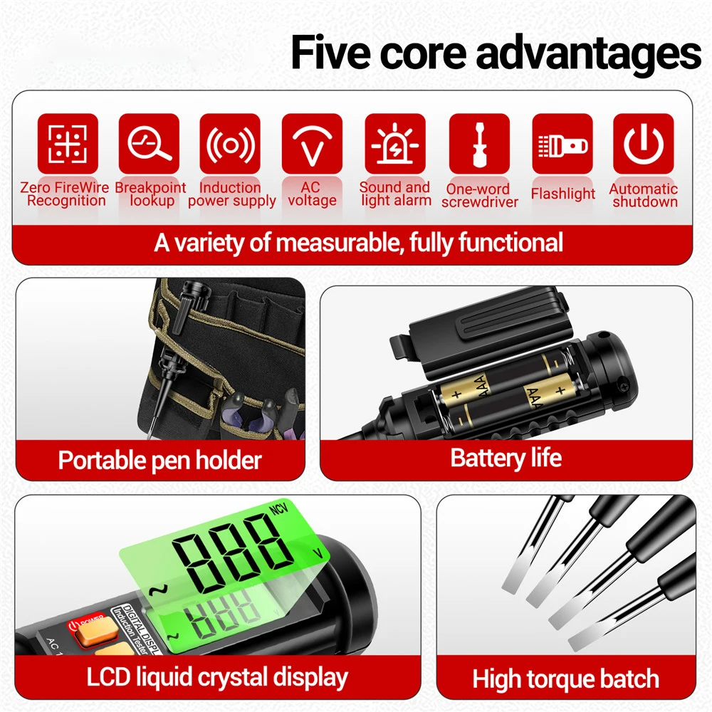 B16 AC12-300V Slotted Screwdriver Multimeter Intelligent Voltage Tester Wire Break Detect Digital Display Test Pen Electricians
