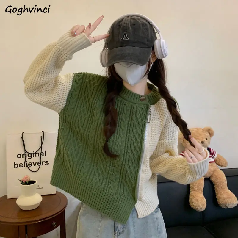 

Cardigans for Women Fashion Contrast Color Twist Sweater Autumn Winter Cute Baggy Cropped Zipper Outerwear College Chic Knitwear