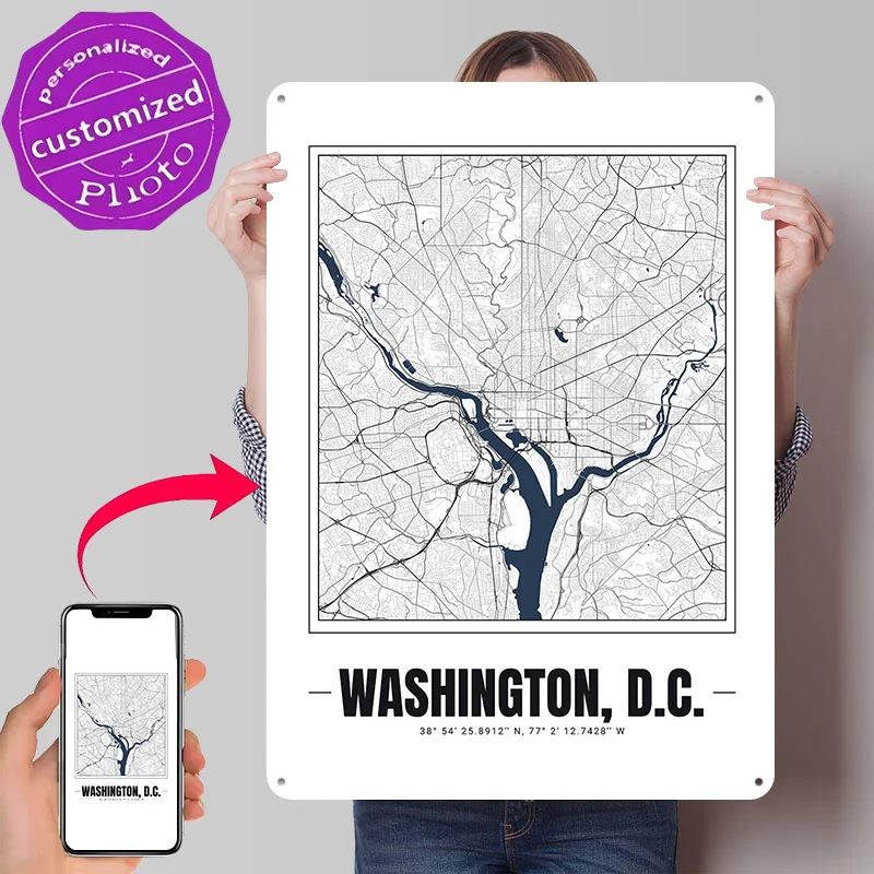 Washington D.C. Map Personalized 3D Textured Metal Poster Wall Art Tinplate Sign for Vintage Decor Room Decorating Interior Home