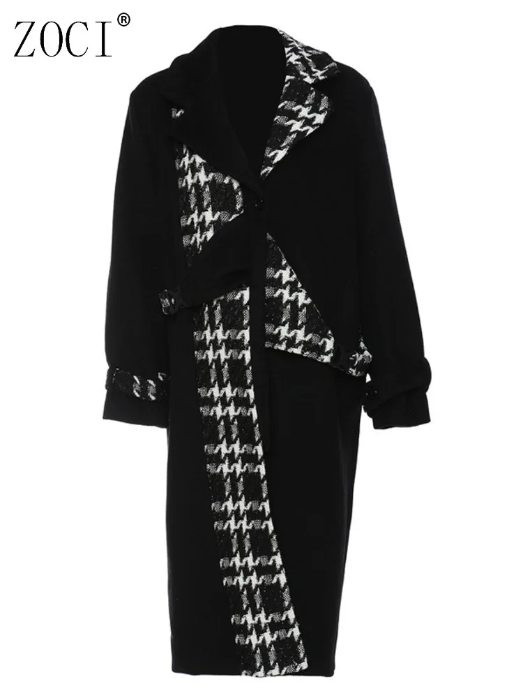 

ZOCI Black White Jacquard Women's Woolen Coats Patchwork Overcoats Female Roving Long Jackets Stitching Color 2025 Winter New