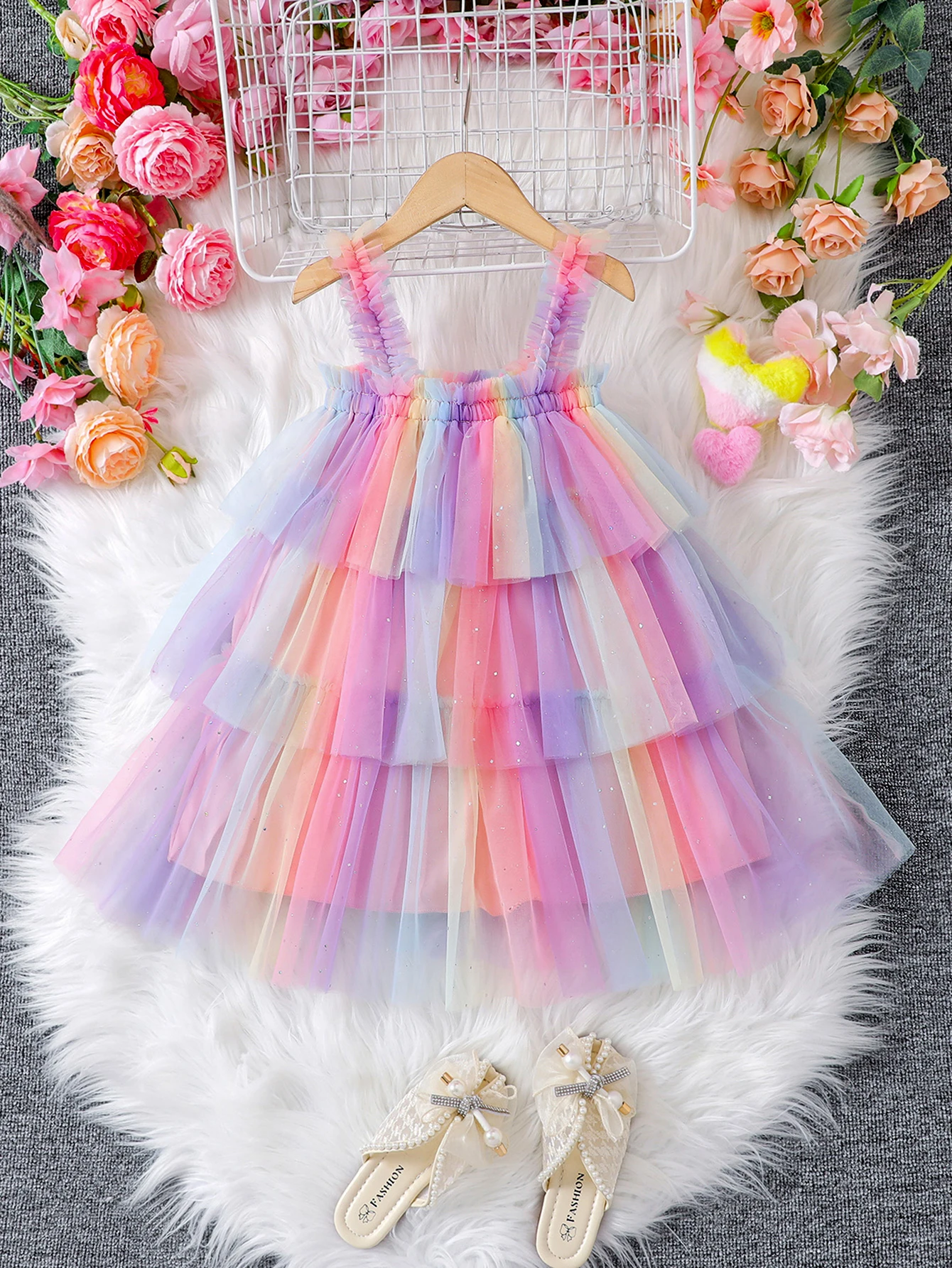 Girls summer gradient sequin mesh halter multilayer pompadour cake group bow embellished dress