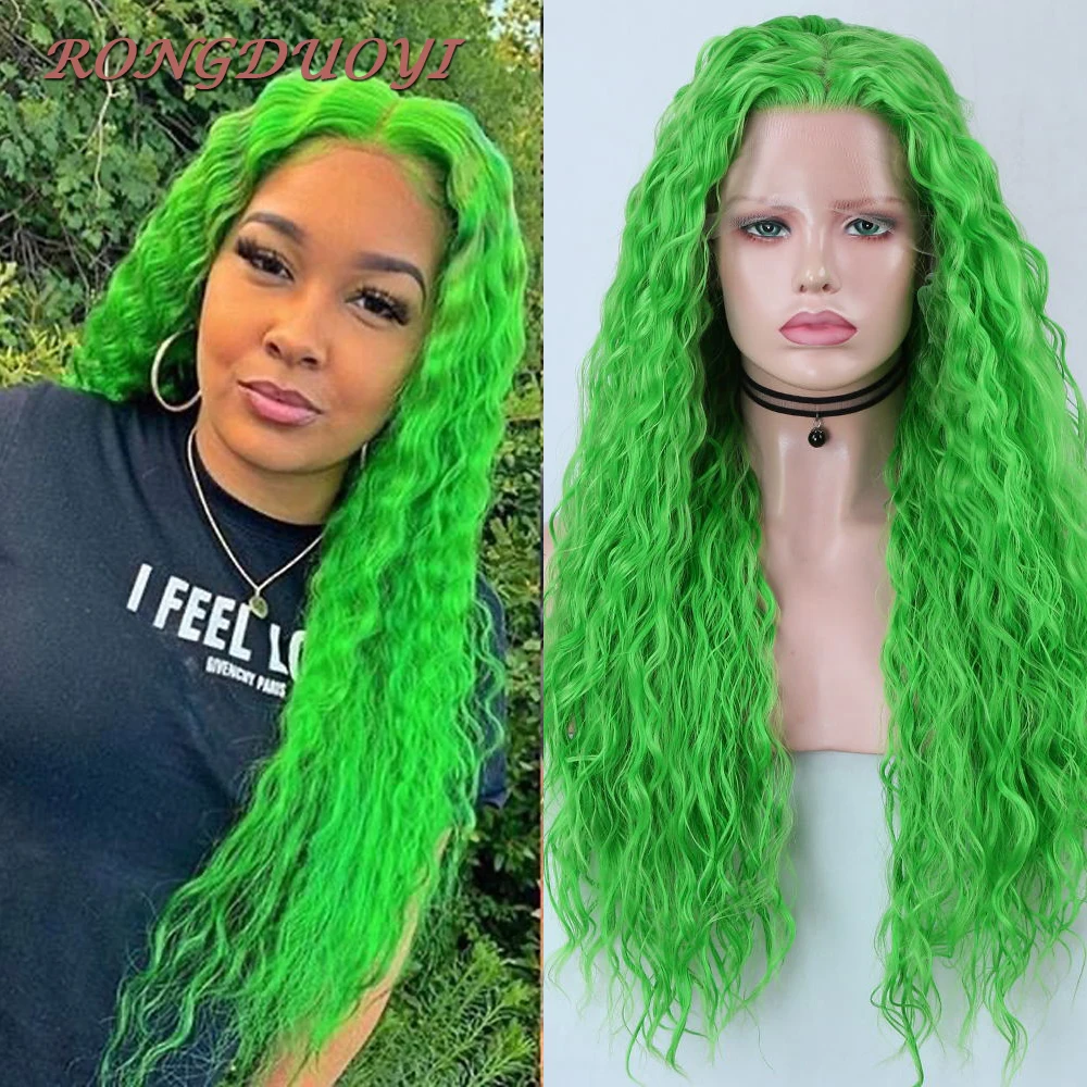 

RONGDUOYI Long Curly Green Wigs Synthetic Lace Front Wigs For Women Heat Resistant Hair Natural Hairline Daily Use Cosplay Green