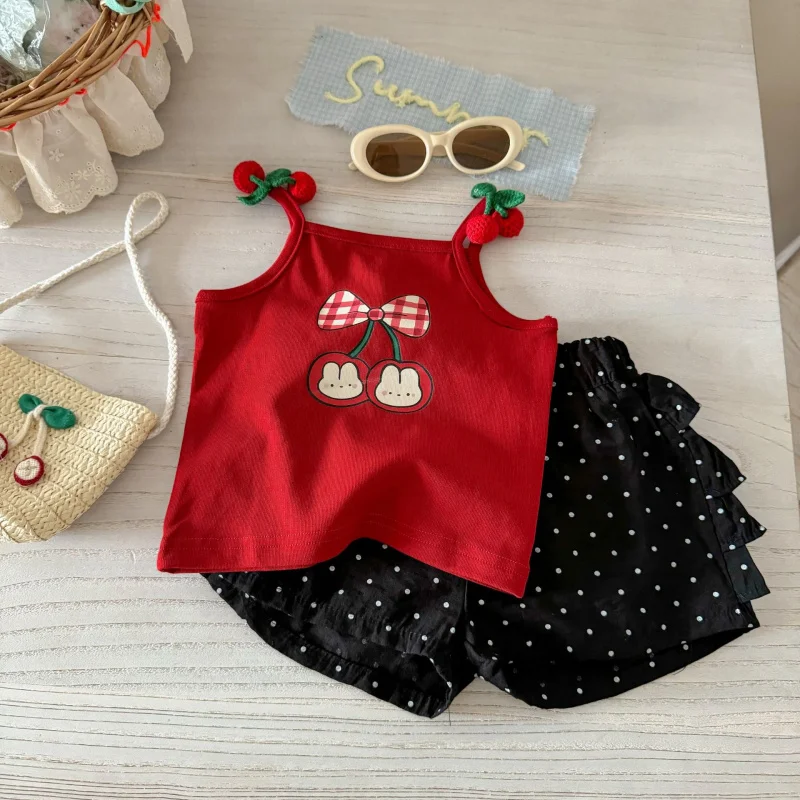 

Girls' Cute Cartoon Print Sleeveless Baby Top Polka Dot Bowknot Bloomers Set Two-Piece