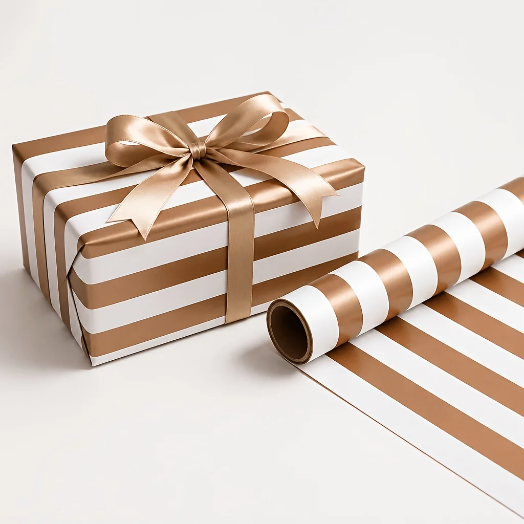 Nickel Silvery Golden Stripe Gift Wrapping Paper, Premium Metallic Luster Striped Wrapping Paper Roll for Birthdays, Weddings