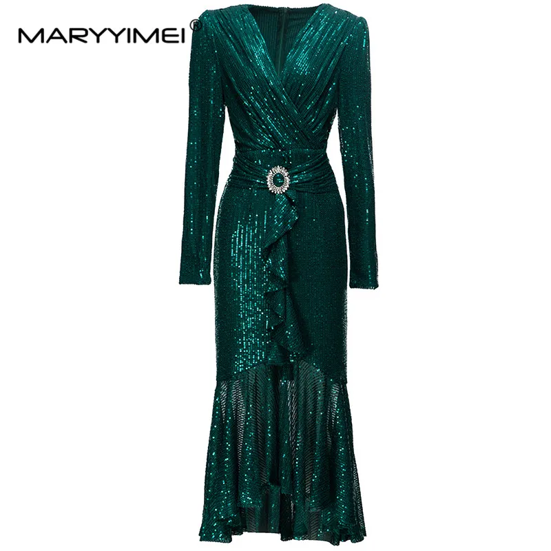 

MARYYIMEI Fashion Designer Autumn Women's dress V-neck Long sleeved Ruched Ruffles Sexy Package hip Sequin Mermaid Dresses