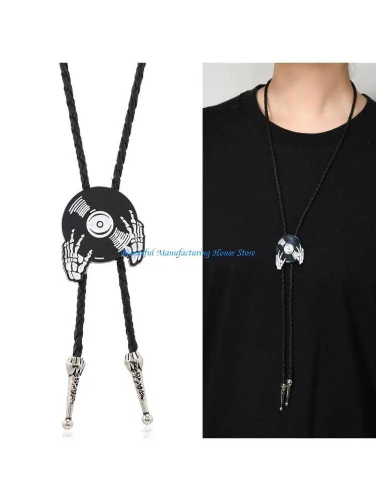 E56A Men Rodeos Bolo Tie with Enamel Metal Badge Pendant Braided Leather Cord Necktie