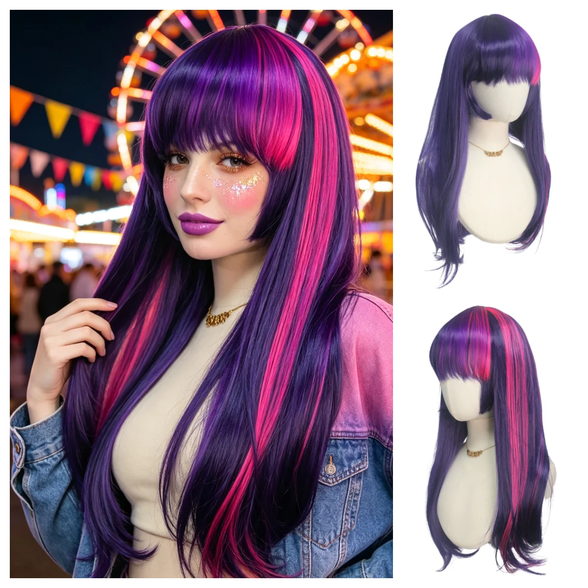 Anxin Brand Synthetic Fiber Wig: Halloween/Music Festival: Purple Rose Red Highlights, Princess Cut Straight + Slightly Curly Hair, Y2K Style, High-Temperature Synthetic Fiber Hair, Anime, Party, Cosplay Costume Synthetic Wig