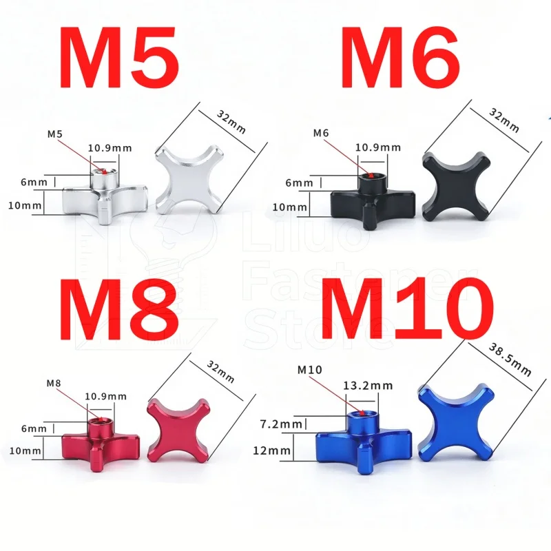 1pcs/lot M6 M8 Aluminum Alloy 4 Star Hand Tighten Nuts Blind Hole Clamping Knob Thumb Nuts Black/Silver/Wine Red/Royal Blue