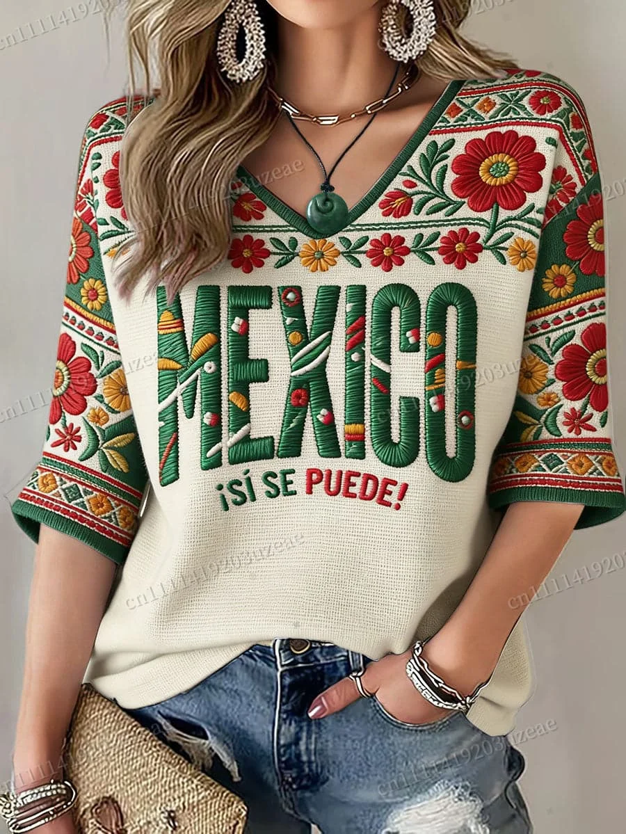 2026 Mexico Football V-Neck T-Shirt Men Women Golden Aztec Eagle Graphic Printed Tops Vintage Mexican Soccer Jersey Cultural Tee