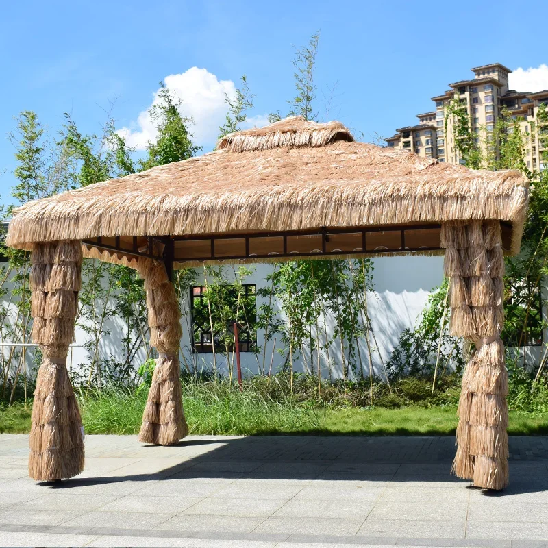 Gazebo-patio al aire libre, montaje de estante de uva de granja, techo, terraza, jardín, diseño de villa, pabellón de paja simple