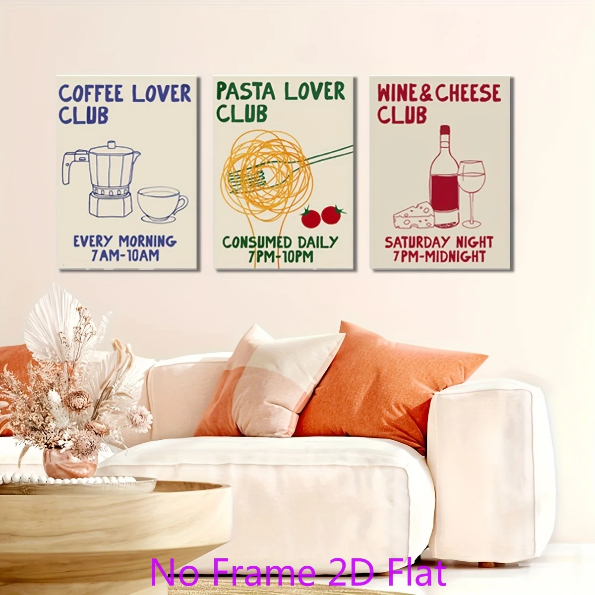 （NoFrame 3PCS)-2D Flat, 3pcs, 2D Flat, Frameless Hand-Drawn Food Lovers Canvas Art Prints, Coffee Pasta Wine & Cheese Club, A