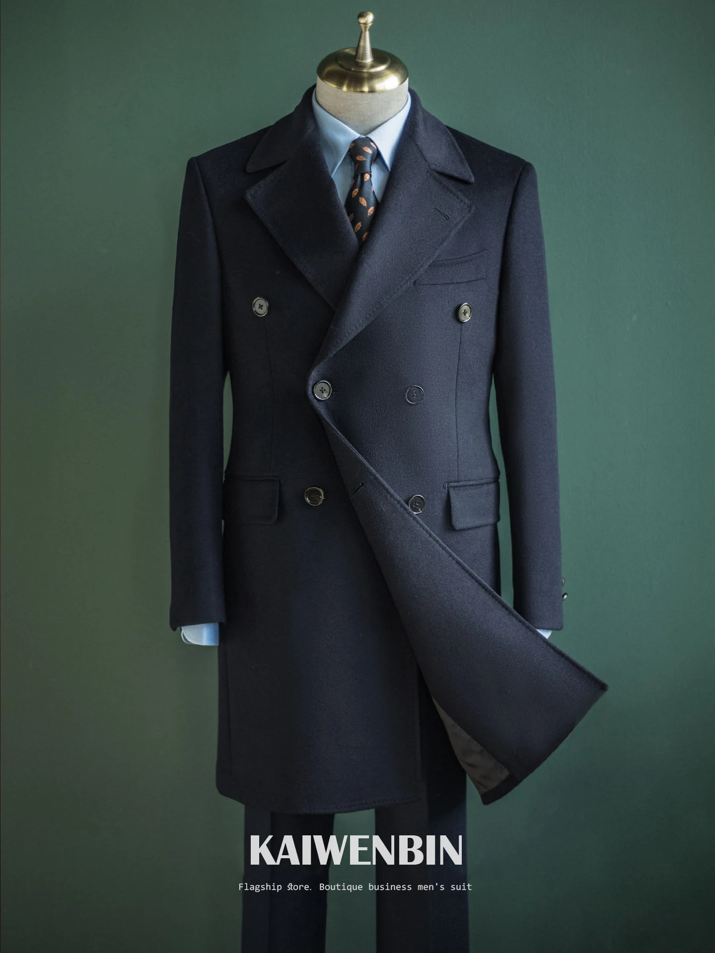 

Men's Overcoat Warm Thick 100% Wool Double Breasted Navy Blue Slim Fit Luxury Business Long Coat Custom