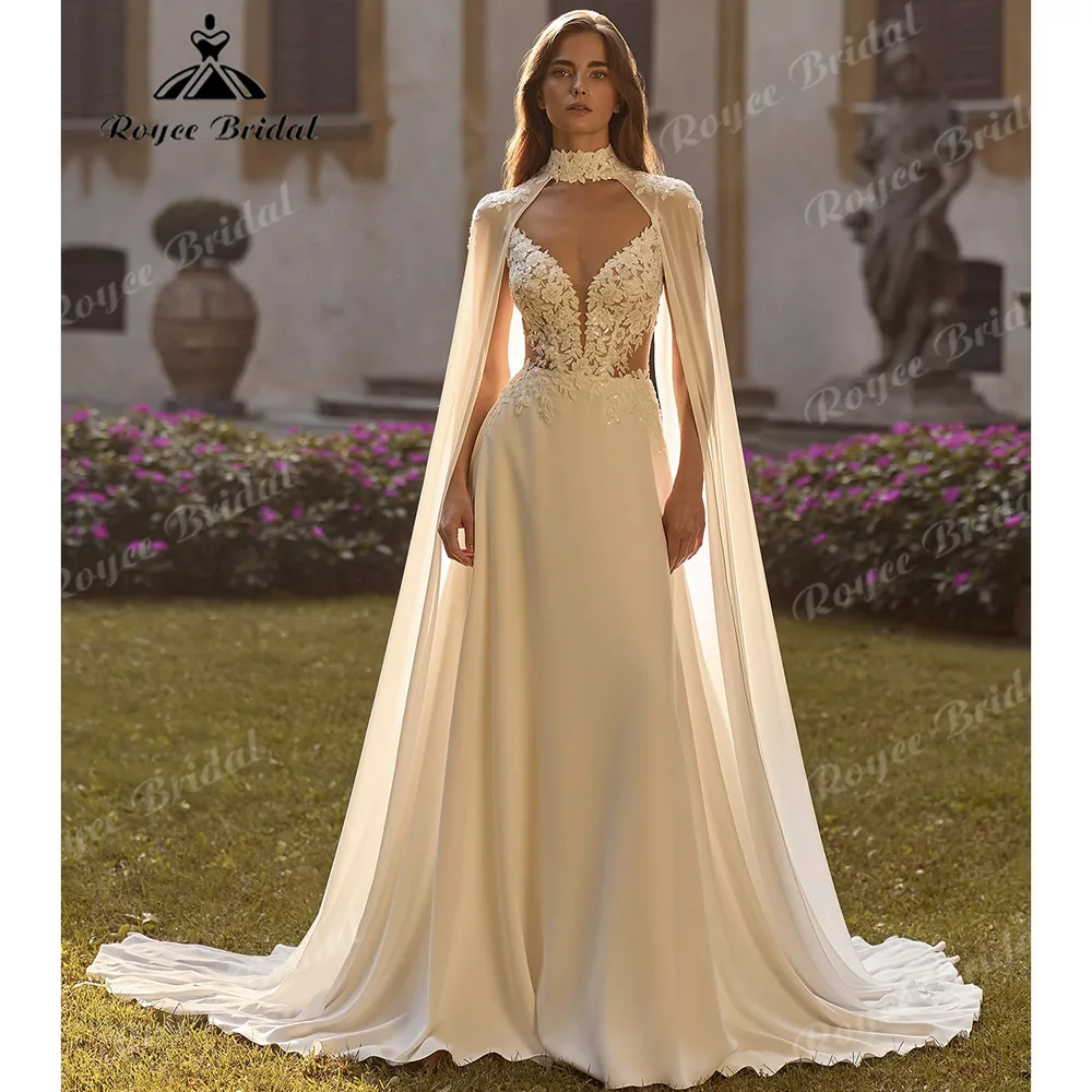 Spaghetti Straps A Line Wedding Dress With Cape Deep V Sheer Lace Bodice Satin Cutout Waist Open Back Bridal Gown Customized