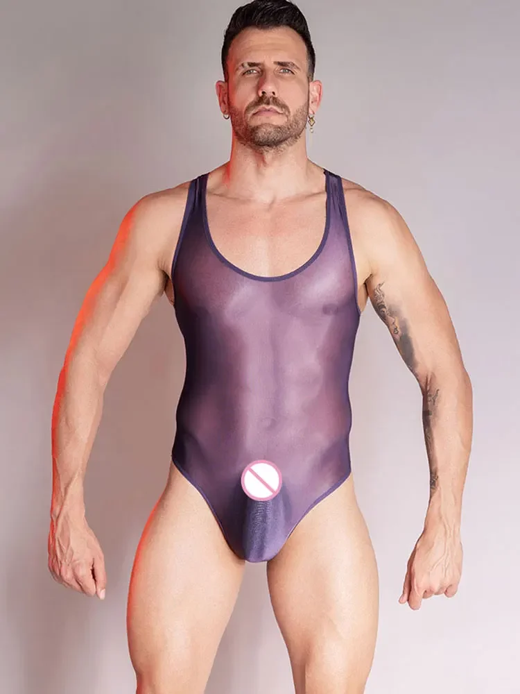 Men's Sexy Bodysuit High Elastic Breathable Leotard Bulge Pouch Convex Oil Shiny Smooth Tights One-piece Transparent Shapewear