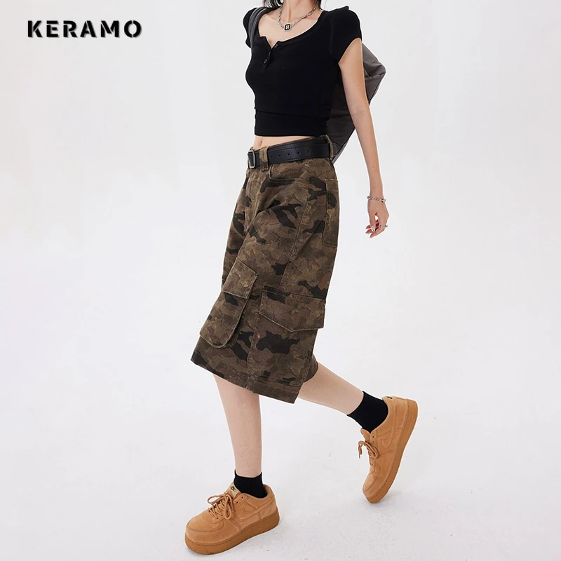 Y2K Baggy Camouflage 2000s Denim Shorts Women's Washed Vintage Casual Shorts High Street Retro High Waist Pockets Trashy Jeans