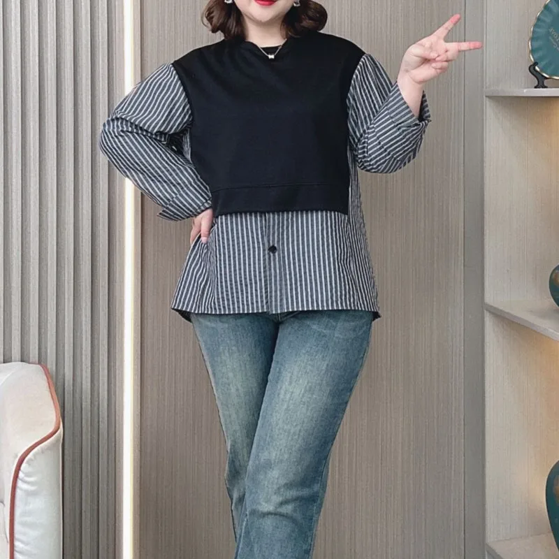 2024 Spring Hoodie Women Plus Size Loose Casual Fashion Stripe Stitching Fake Two Pieces long-sleeved Sweatshirts