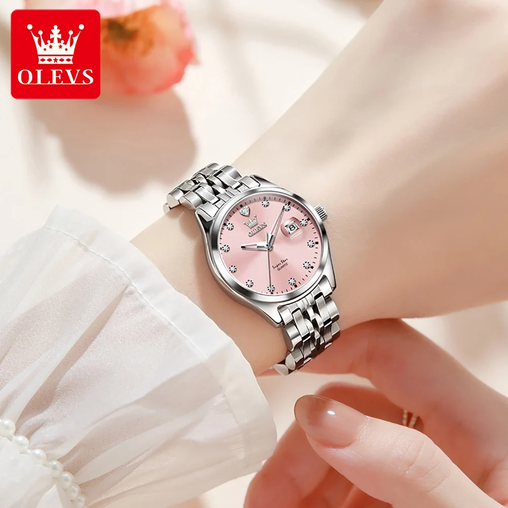 OLEVS 5649 ساعة نسائية جديدة ساعة كوارتز نسائية ستانلس ستيل مقاوم للماء مضيئة تاريخ ساعة ماركة أنيقة الماس ساعة نسائية