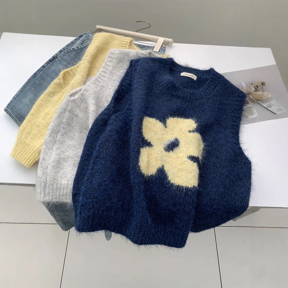 

Осень-зима женский свитер жилет модный цветочный принт женский без рукавов с круглым вырезом вязаный жилет женский элегантный трикотаж