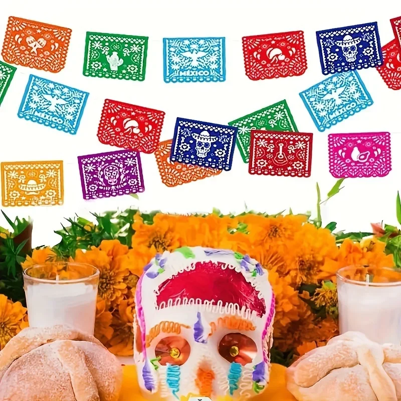 3-teiliges mexikanisches Party-Dekorationsset, leuchtende Papel Picado Girlande aus Kunststoff für Cinco de Mayo, Hochzeit, Geburtstag, Karneval – Detail 5