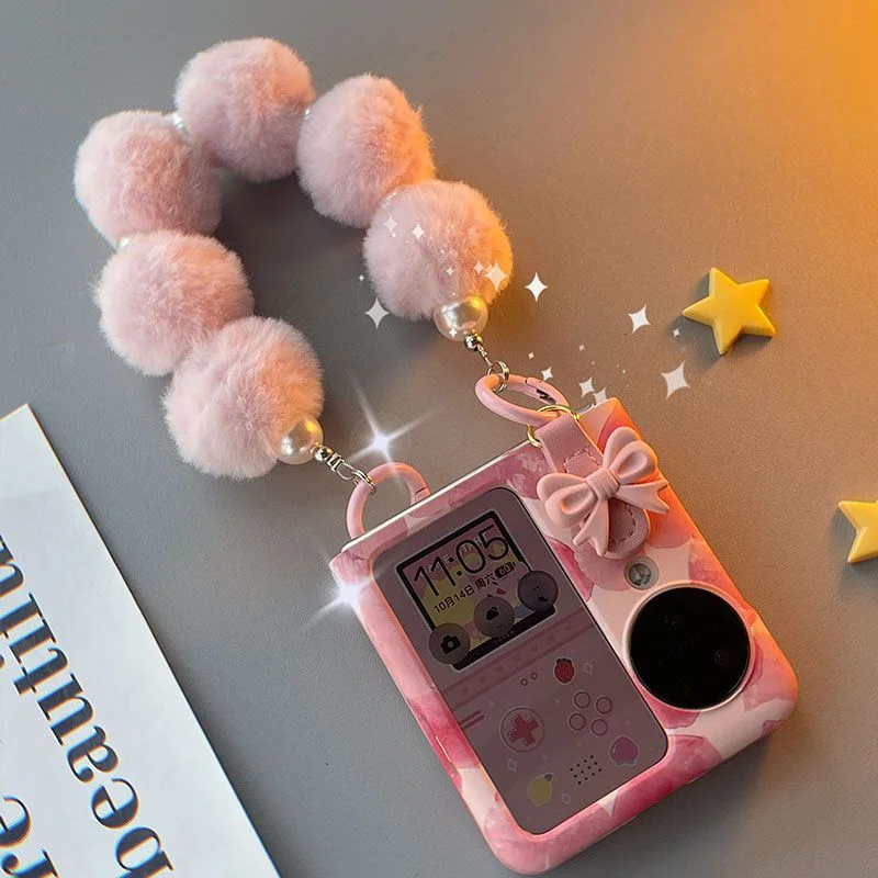 

Lovely Pink Phone Case For Oppo Find N3 Flip/Oppo Find N2 Flip Case Cute Women Painted Heart Cover with Fluffy Handheld