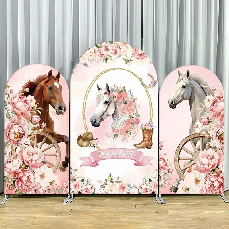 

Single Side Arch Backdrop Cover Elegant Floral Horse Theme Party Backdrop with Pink Roses and Vintage Wheels for Birthday