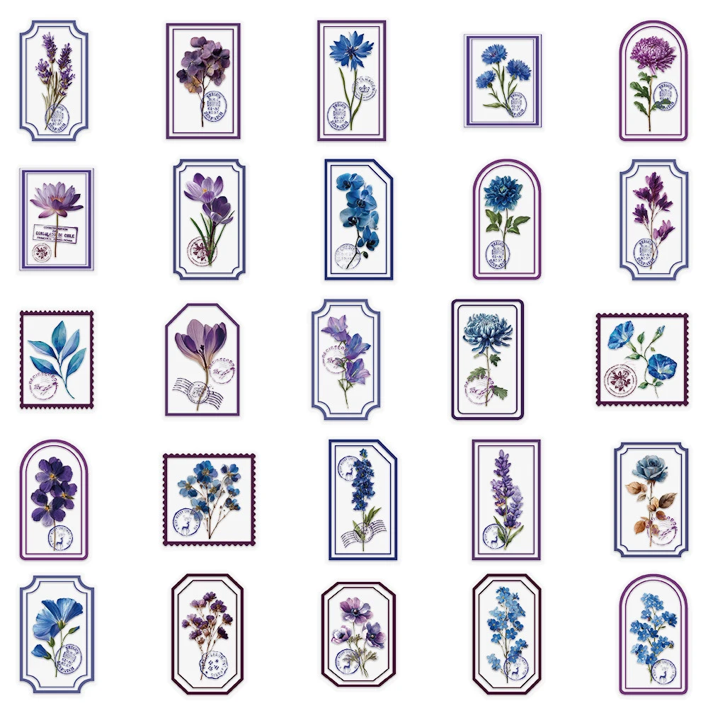 10/30/50pcs Cartoon Purple Flower Stamp Stickers Aesthetic DIY Notebook Phone Guitar Diary Cute Waterproof Graffiti Sticker Pack