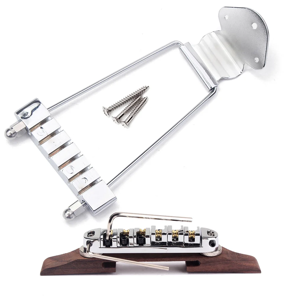 

6 String Height Adjustable Silver Bridge Semi Hollow Jazz Bridge Rosewood Base Metal Tailpiece Solid Black Plated Jazz