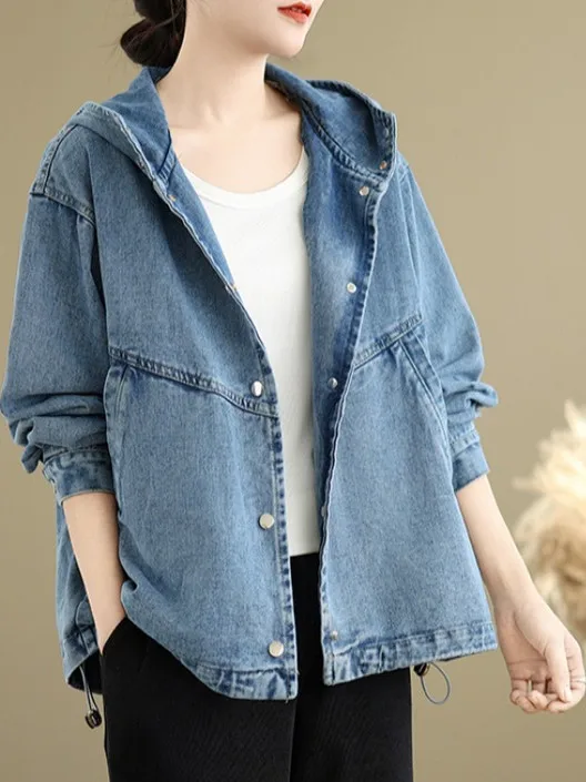 

Модный свободный цветной джинсовый тюнер большого размера, женский длинный повседневный открытый кардиган с капюшоном на пуговицах и капюшоном