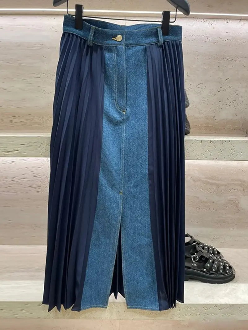 

Denim Spliced Women Pleated Midi Skirt Split High Waist A-Line Casual Autumn 2024 Jupe