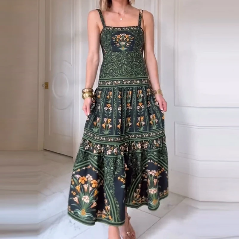 Długa sukienka damska w kwiaty na wiosnę i lato, seksowna sukienka na ramiączkach z dekoltem typu hiszpanka i odkrytymi plecami, nowa luźna sukienka boho bez rękawów.