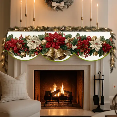 1pc Elegant Poinsettia Fireplace Wreath with Golden Bells & Red Berries - Polyester Winter Decoration Rectangular Table Runner