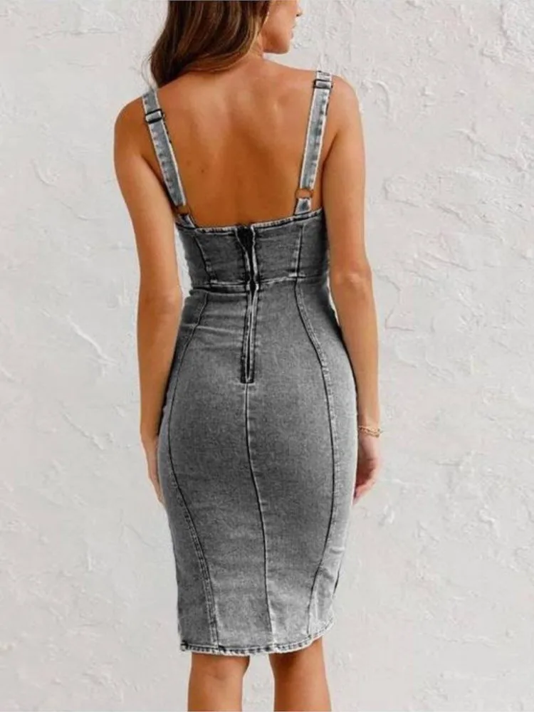 Sexy V-neck Strap Slim Denim Dress For Women 2025 Summer Sleeveless Bodycon Dresses Elegant Preppy style Jean Blue Dress Female