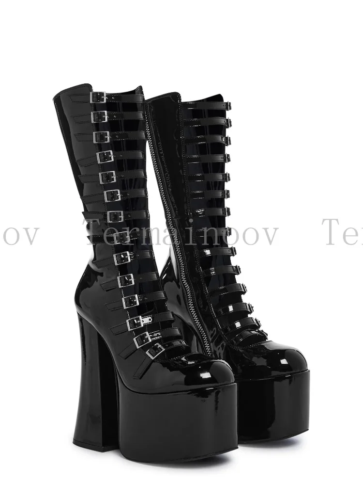 

Women Fashion Boots Mid Calf Boots Chunky Heel Platform Buckle Strap Design Short Boots Round Toe Zipper Sexy Punk Gothic Style