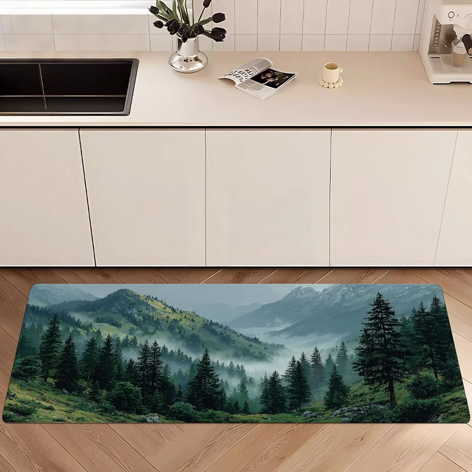 Alfombra de Cocina Nature Mountain Forest, Alfombra Antideslizante Misty Valley para Dormitorio y Baño, Lavable y Absorbente, Decoración para el Hogar